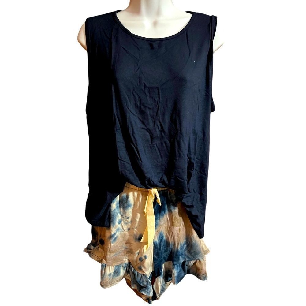 Perfect Peach Navy Blue Tie Dye Shorts Set Sz L